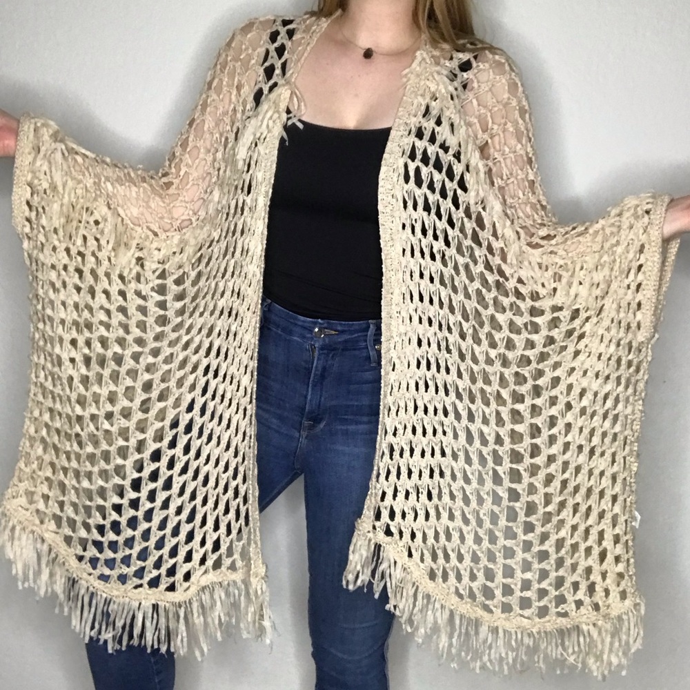 Simply Couture Fringe Crochet Knit Kimono